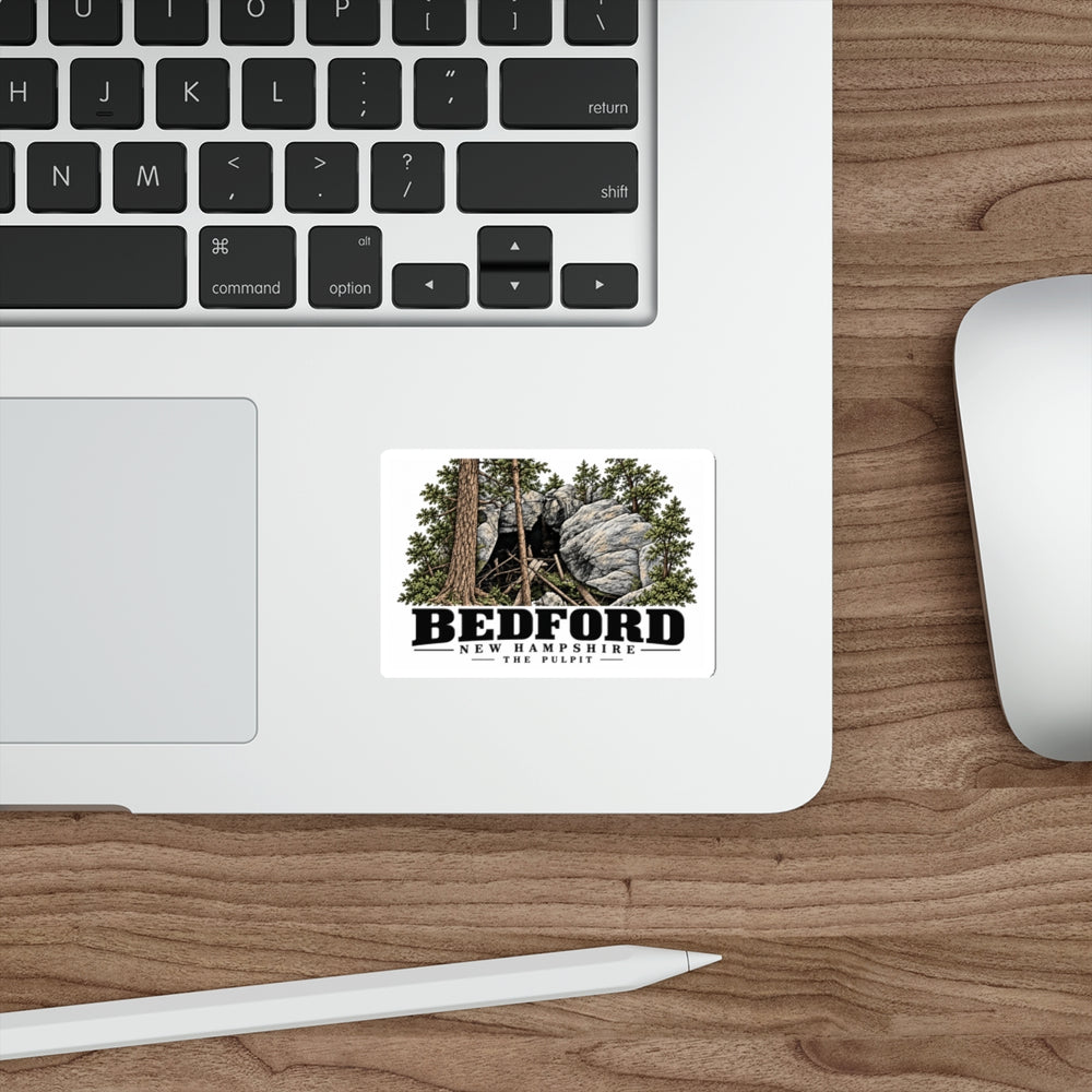 Laptop display of The Pulpit white die-cut sticker, with Bedford, New Hampshire artwork and lettering.