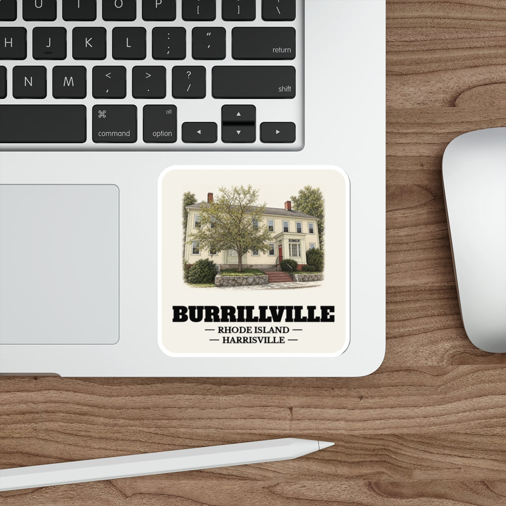 Burrillville Harrisville Historic District sticker shown on a laptop