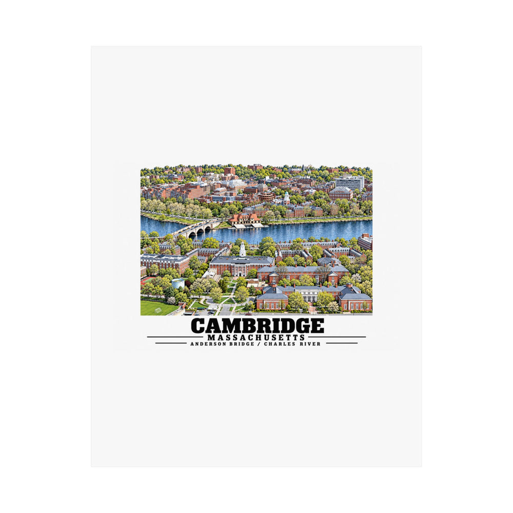 Hanging poster with a Cambridge and Charles River aerial view and Cambridge lettering.