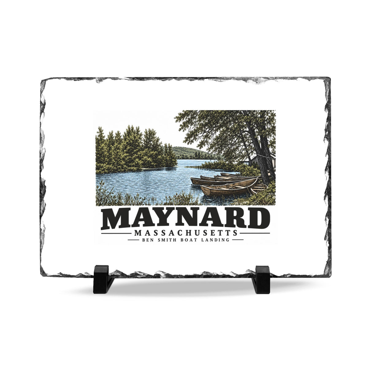 Illustrated Ben Smith Boat Landing in Maynard on slate desk plaque