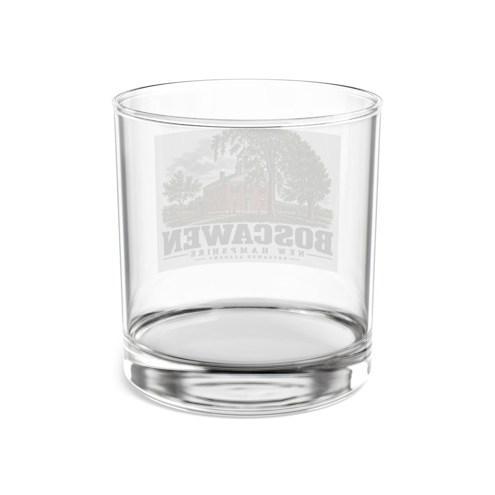 Transparent reverse of Boscawen Academy rocks glass, with Boscawen, New Hampshire artwork and lettering.