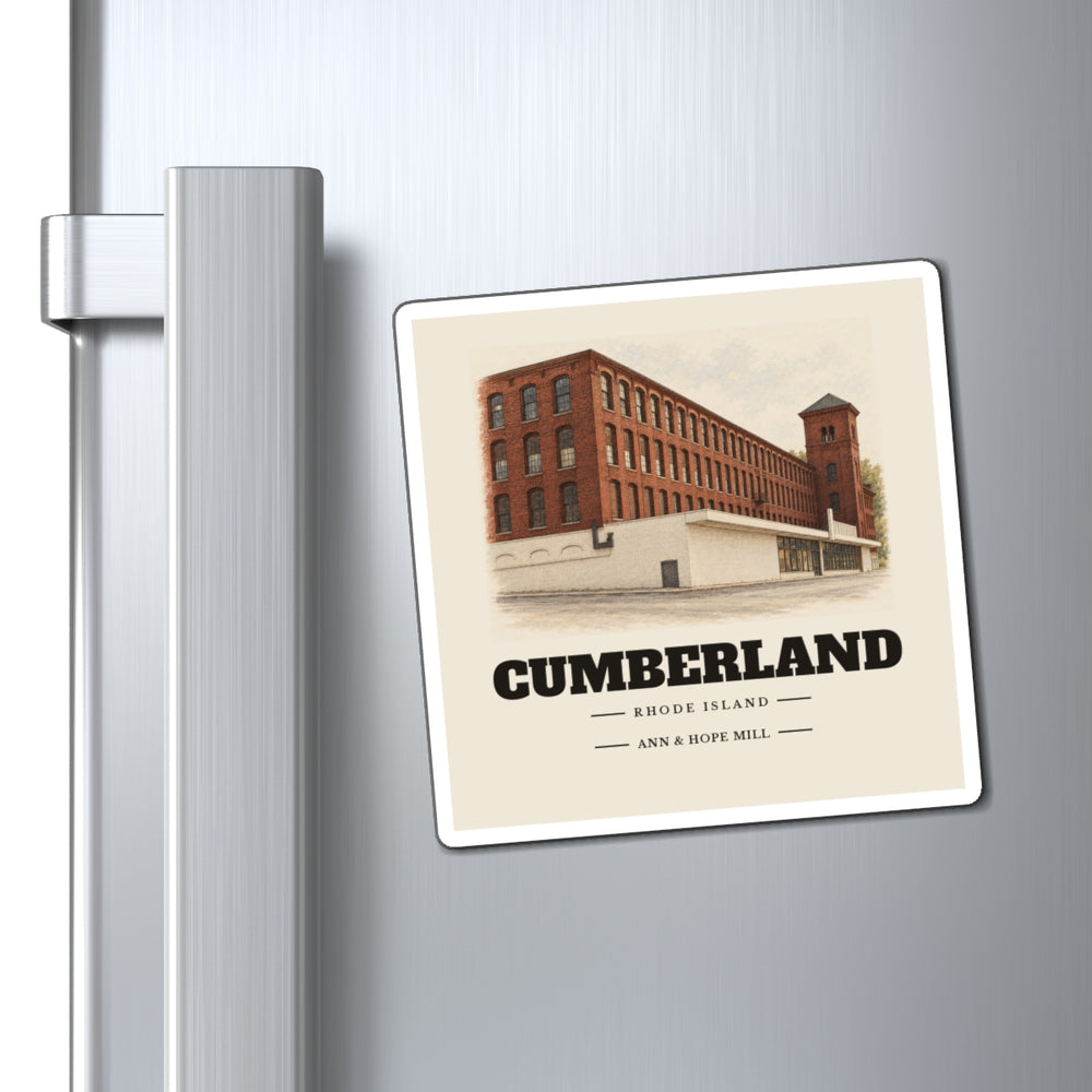 Cumberland Ann & Hope Mill 4 inch magnet shown on a refrigerator