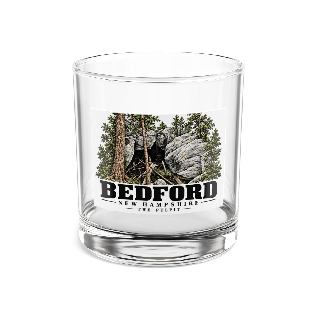 Front of The Pulpit rocks glass, with Bedford, New Hampshire artwork and lettering.