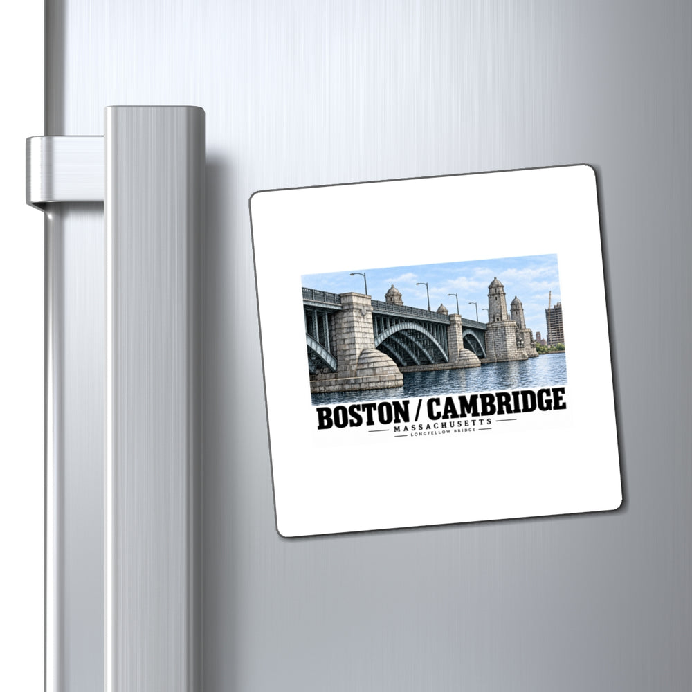 Longfellow Bridge magnet displayed on a refrigerator door beside its handle.