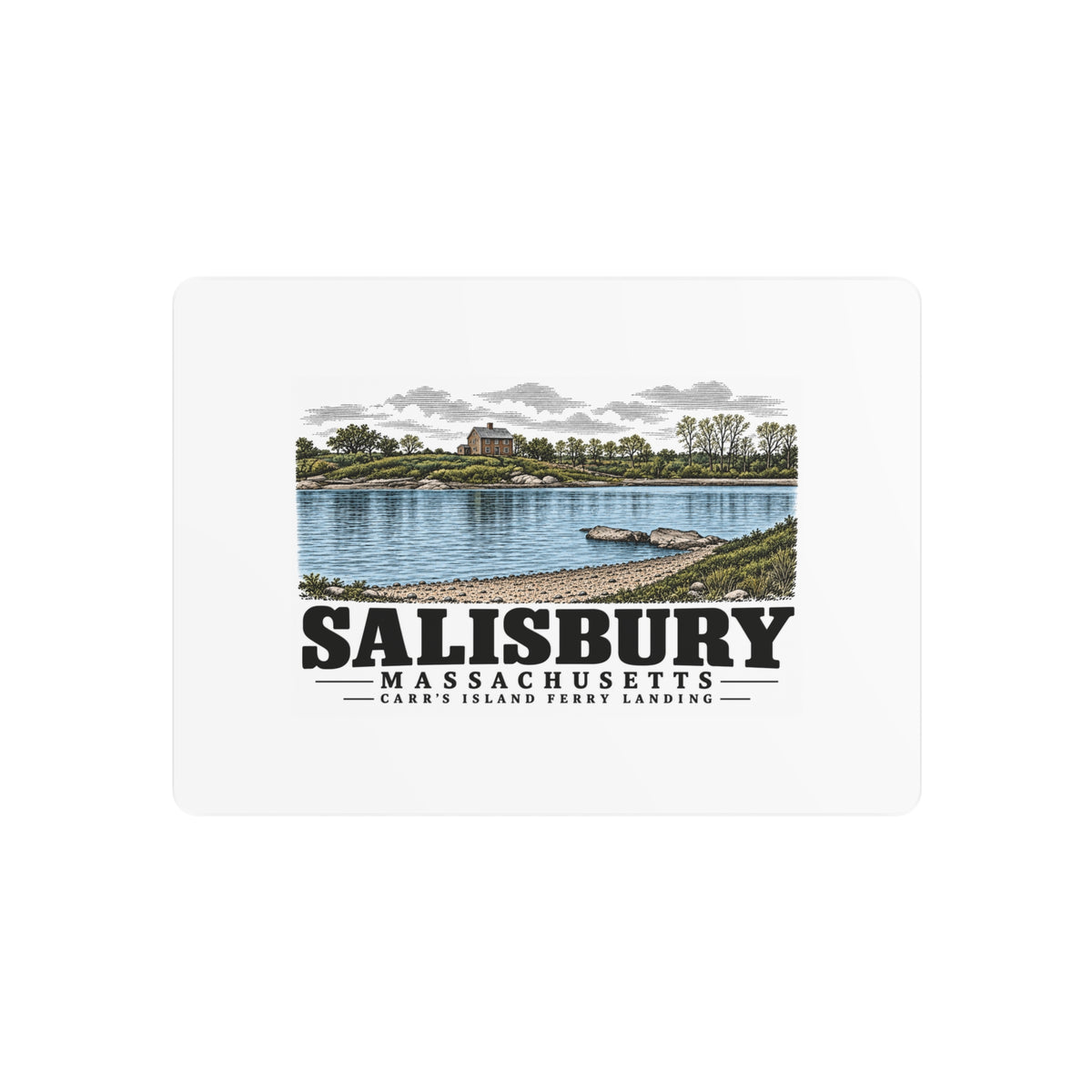 Front of Carr’s Island Ferry Landing metal wall art, with Salisbury, Massachusetts artwork and lettering.