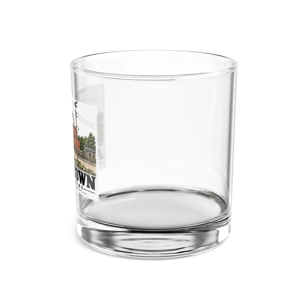 China Manufacturing Company mill with rail tracks, Allenstown illustration on 10 oz rocks glass — left side view