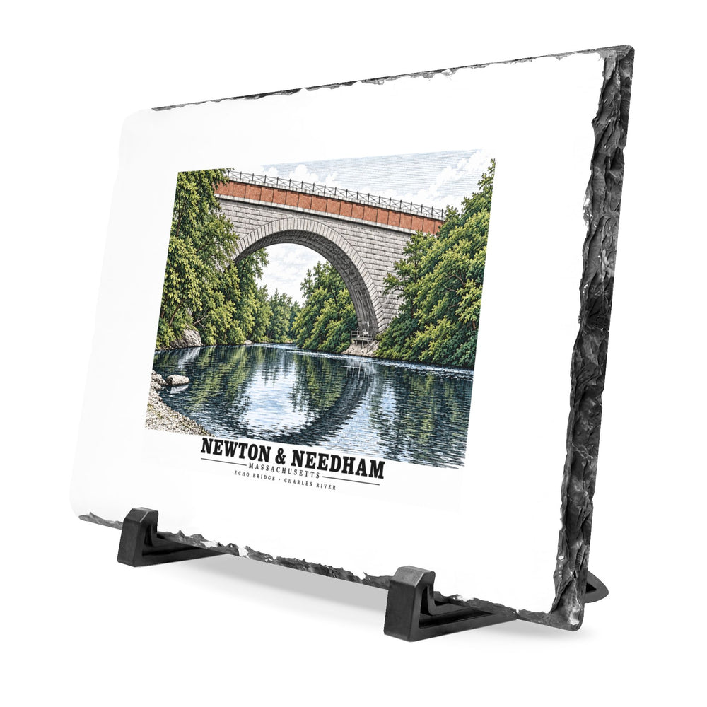 Echo Bridge, Hemlock Gorge, Upper Falls; Charles River and Ellis Street 7 × 11 in Slate Desk Plaque - Charles River