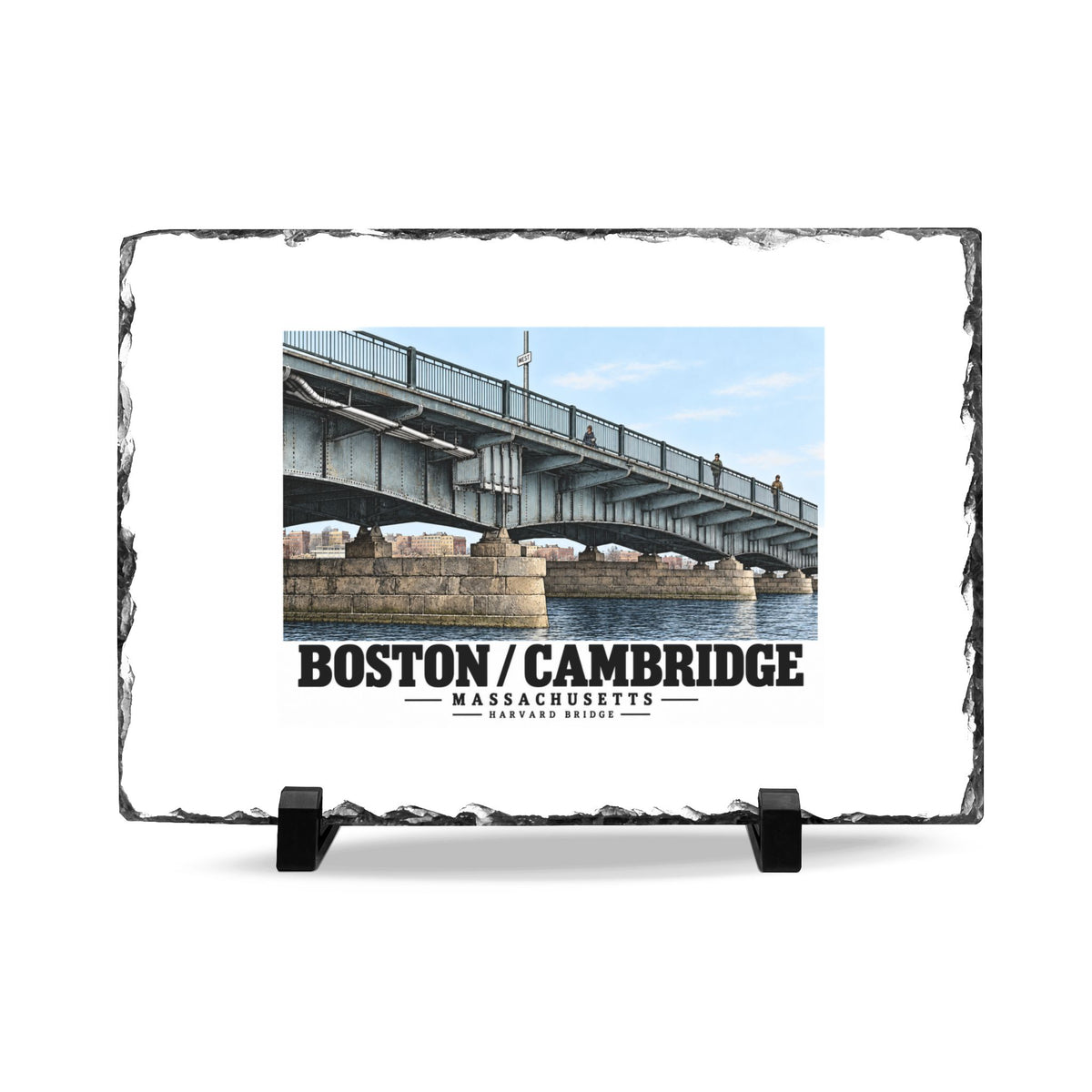Slate plaque with Harvard Bridge artwork and Boston/Cambridge lettering, a rough dark border and two supports