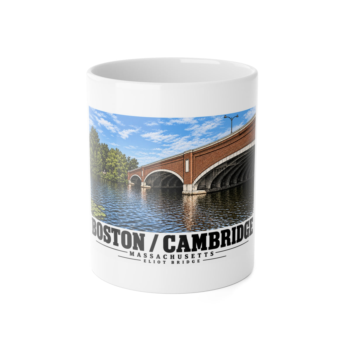 White mug showing Eliot Bridge close red brick arch view artwork and Boston/Cambridge lettering