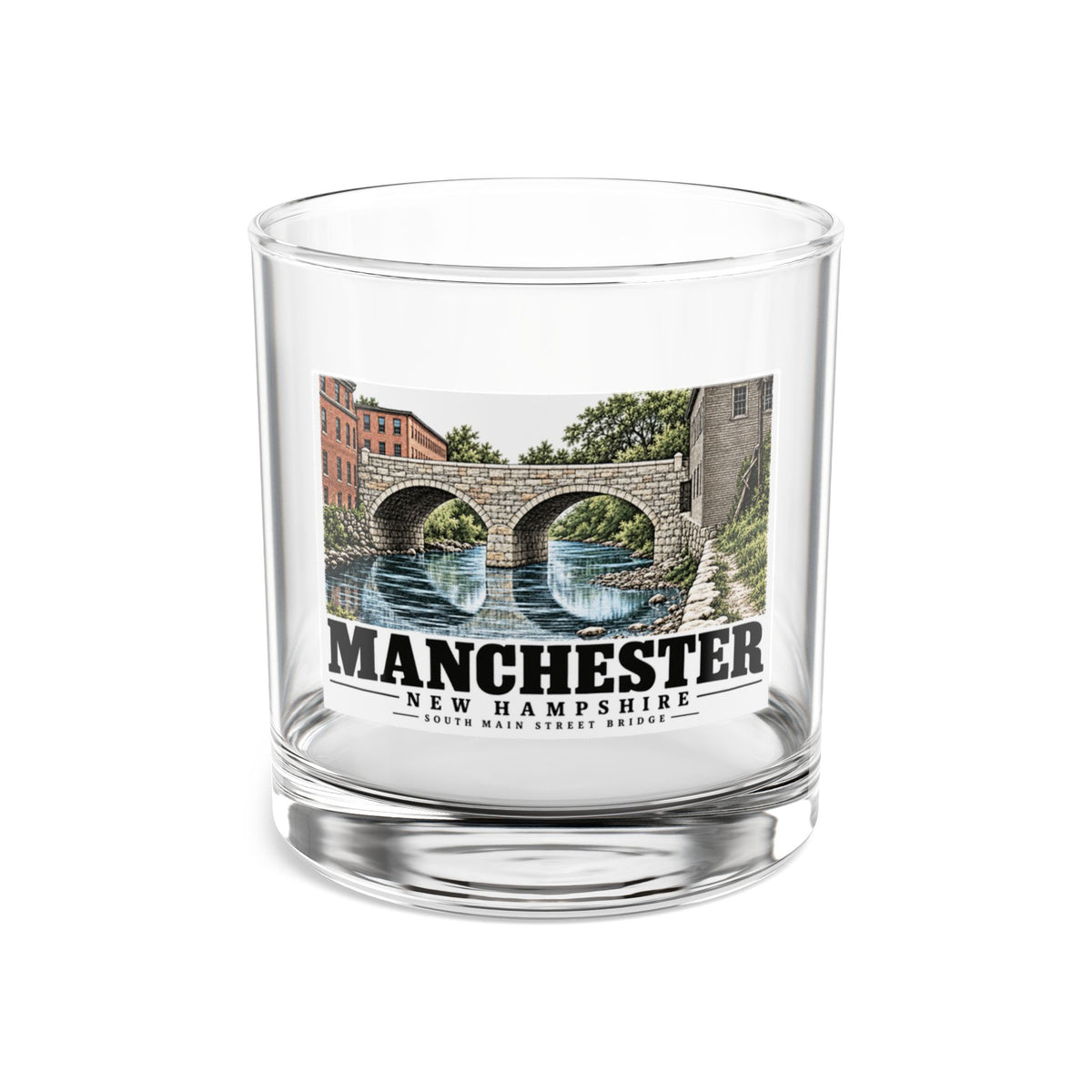 Front of South Main Street Bridge rocks glass, with Manchester, New Hampshire artwork and lettering.