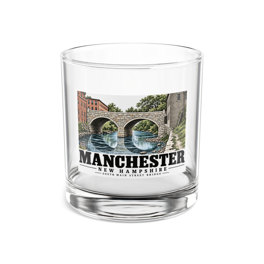 Front of South Main Street Bridge rocks glass, with Manchester, New Hampshire artwork and lettering.
