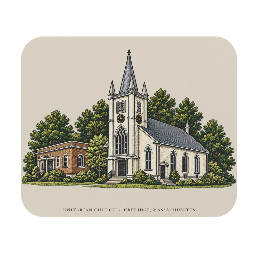 Uxbridge Unitarian Church mouse pad mockup showing the full illustrated print