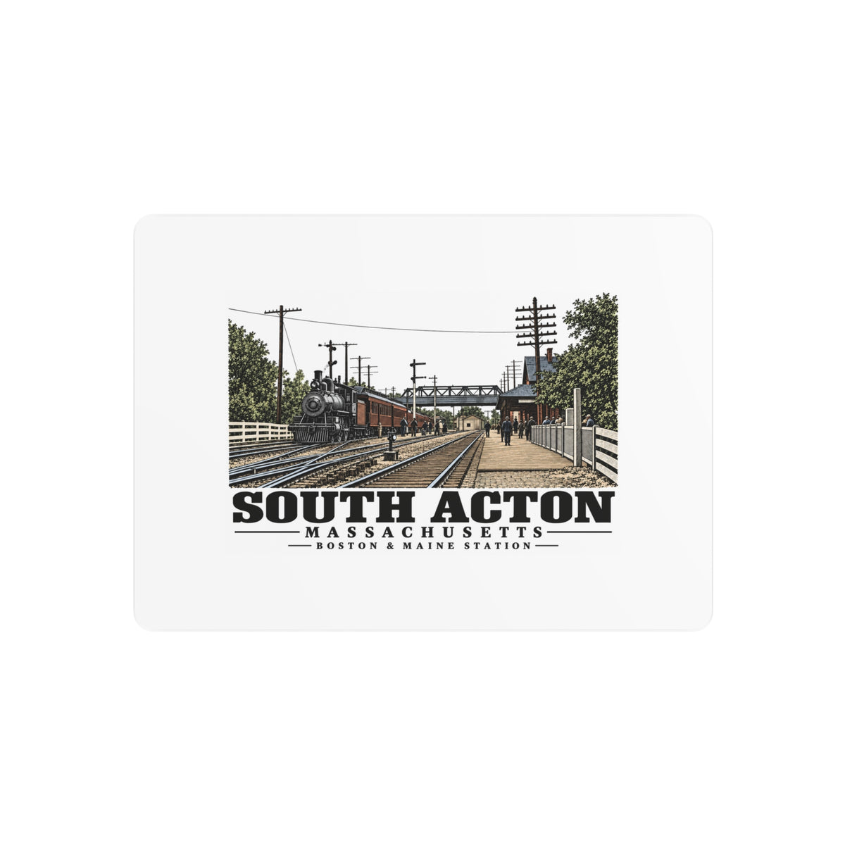 Illustrated Boston & Maine Station in South Acton on metal art sign