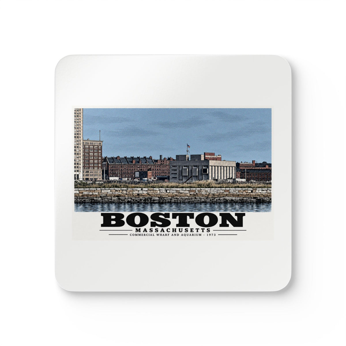 White square coaster showing Commercial Wharf and Aquarium waterfront buildings, stone seawall and harbor water artwork and Boston lettering