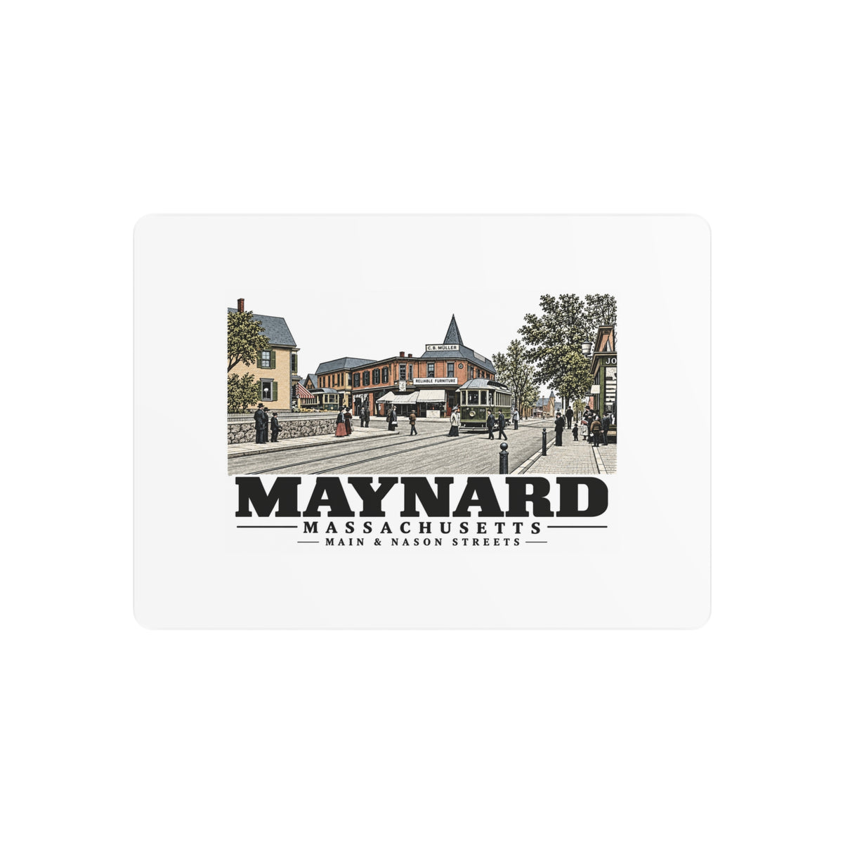 Illustrated Main & Nason Streets in Maynard on metal art sign