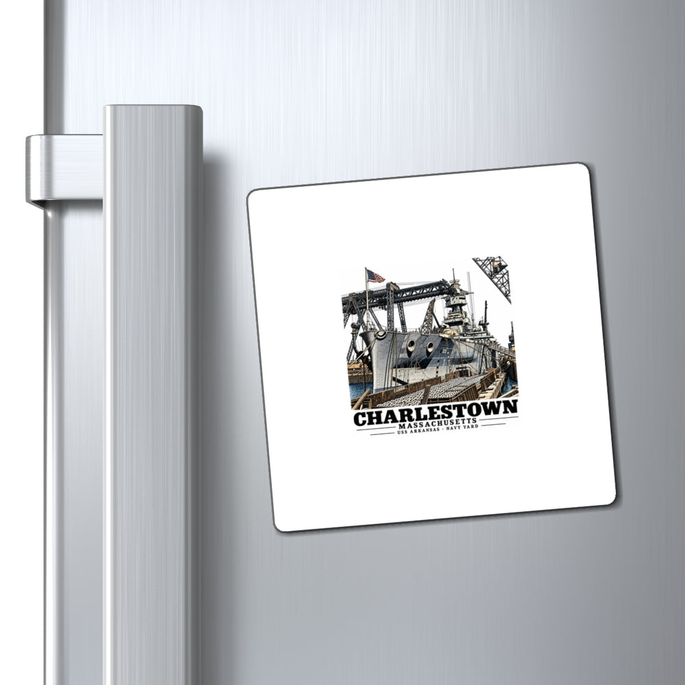 Illustrated USS Arkansas at Boston Navy Yard in Charlestown on square magnet
