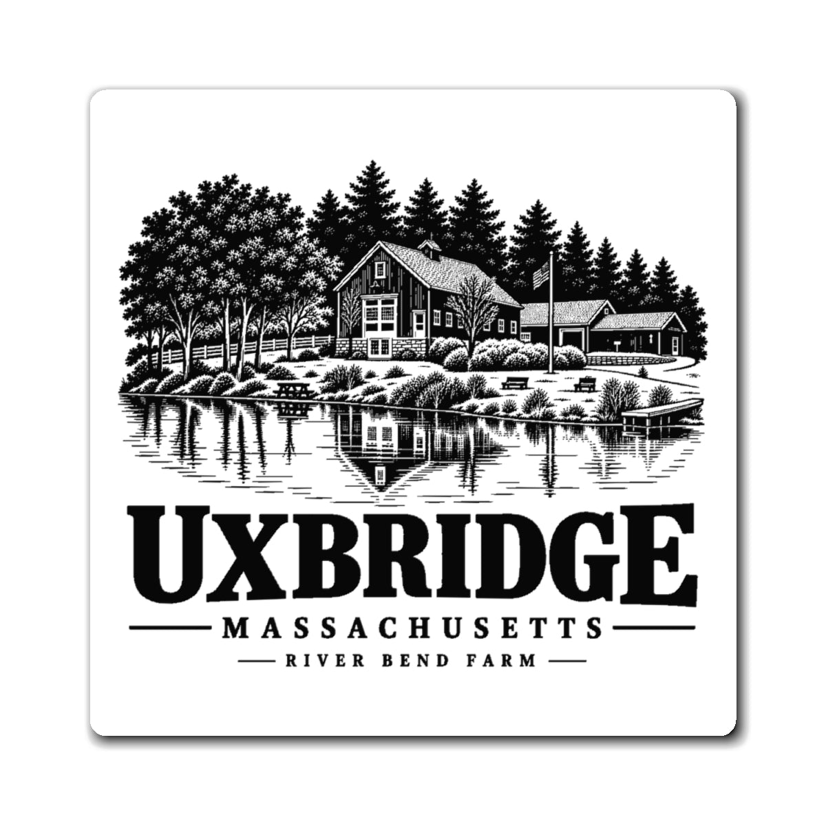 Front view of the Uxbridge River Bend Farm 4-inch square magnet with design