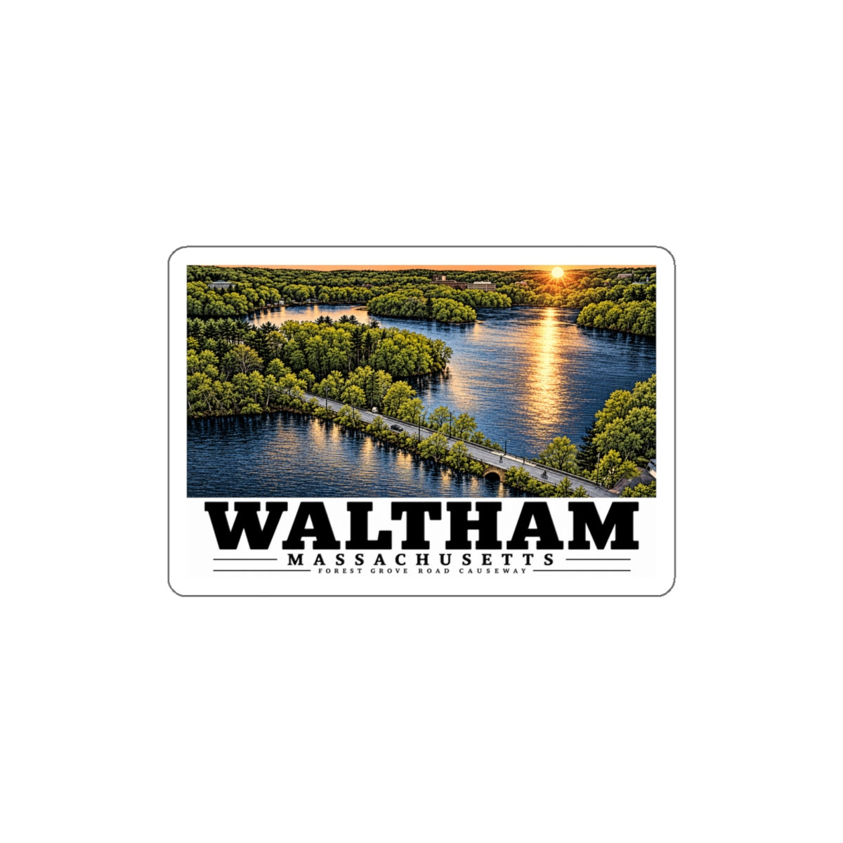 Illustrated Forest Grove Road Causeway in Waltham on die-cut sticker