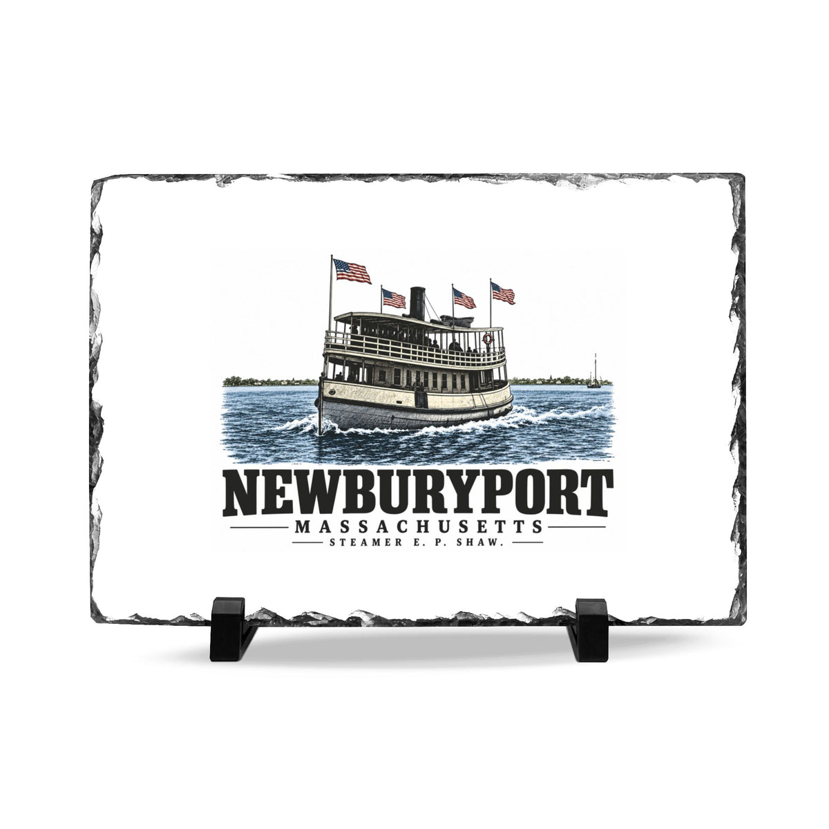 Front on display stands of Steamer E. P. Shaw slate desk plaque, with Newburyport, Massachusetts artwork and lettering.