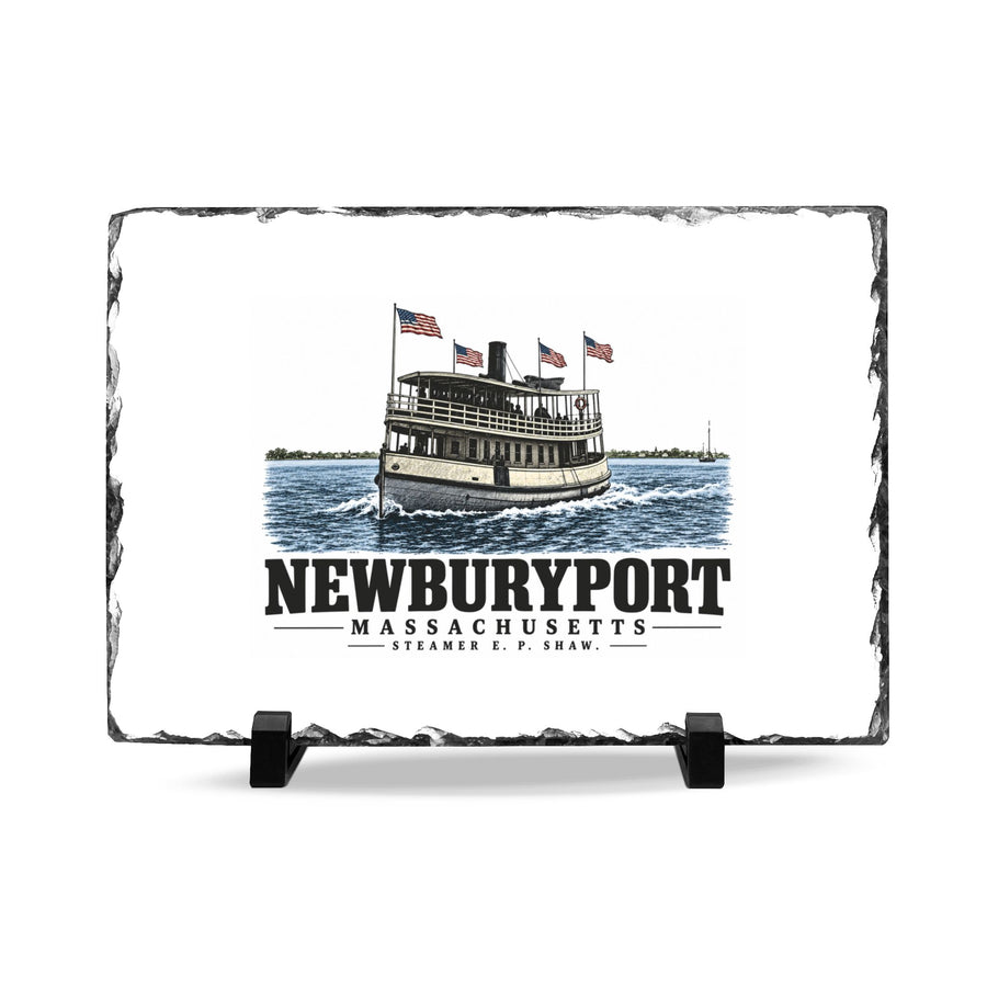 Front on display stands of Steamer E. P. Shaw slate desk plaque, with Newburyport, Massachusetts artwork and lettering.