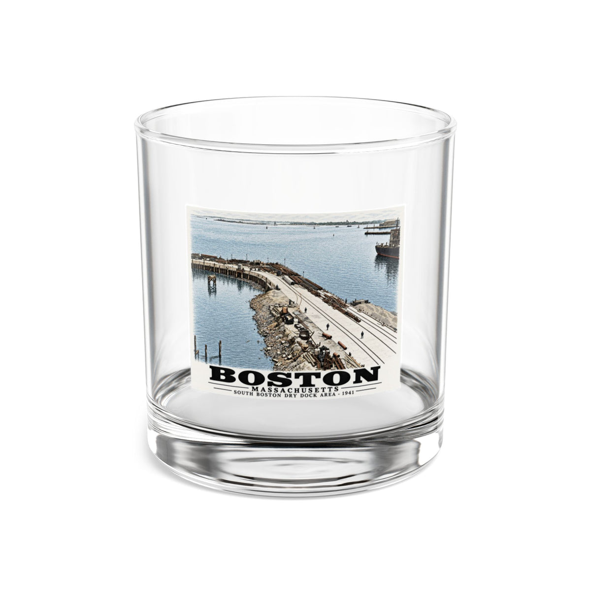 South Boston Dry Dock Area April 16-41 from roof of elevator shaft S 10 oz Rocks Glass - Boston Harbor