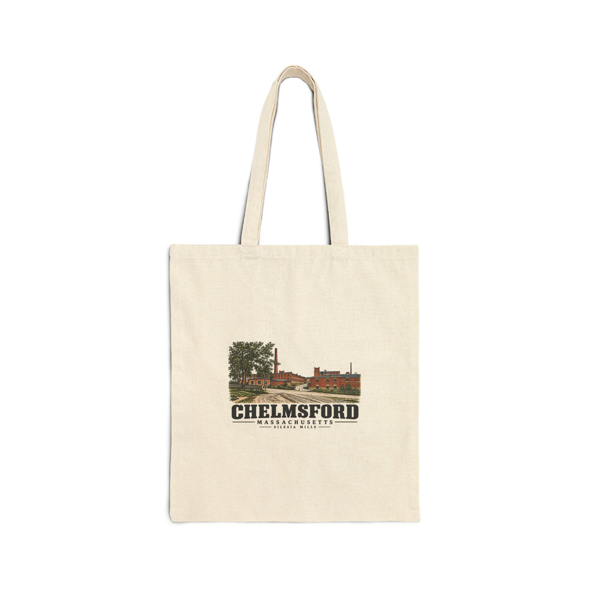 Silesia Mills with neighboring industrial offices Natural + Black Heavy Canvas Tote - Merrimack Valley Goods