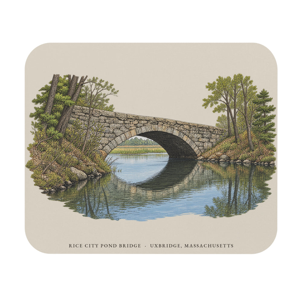 Uxbridge Rice City Pond Bridge mouse pad mockup showing the full illustrated print