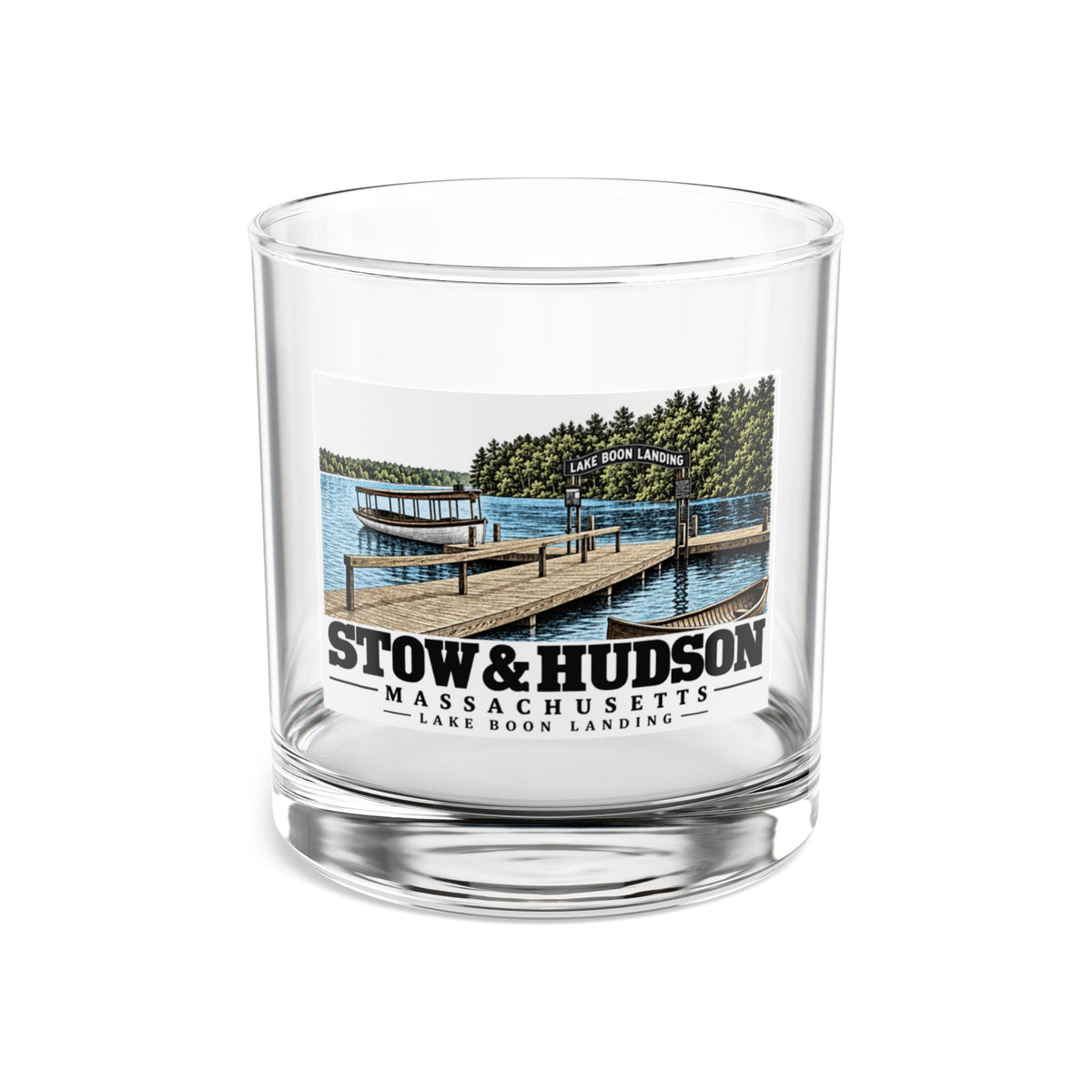 Illustrated Lake Boon Landing in Stow and Hudson on rocks glass