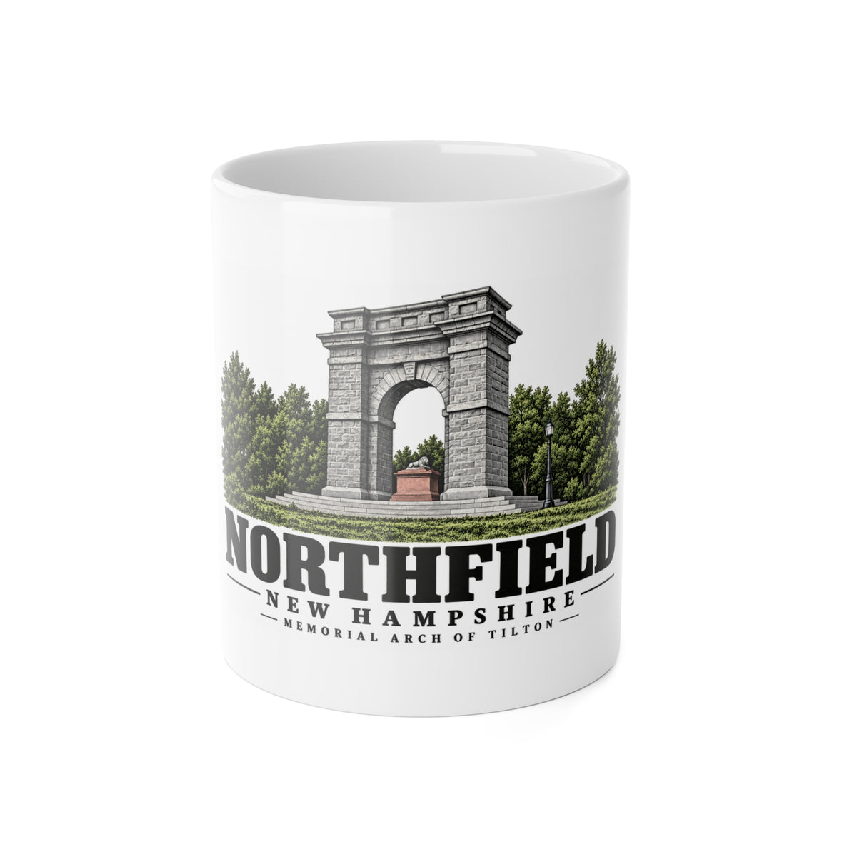 Front of Memorial Arch of Tilton white ceramic mug, Northfield, New Hampshire.