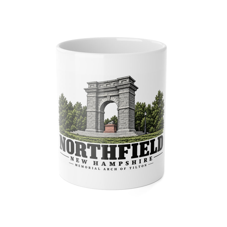 Front of Memorial Arch of Tilton white ceramic mug, Northfield, New Hampshire.
