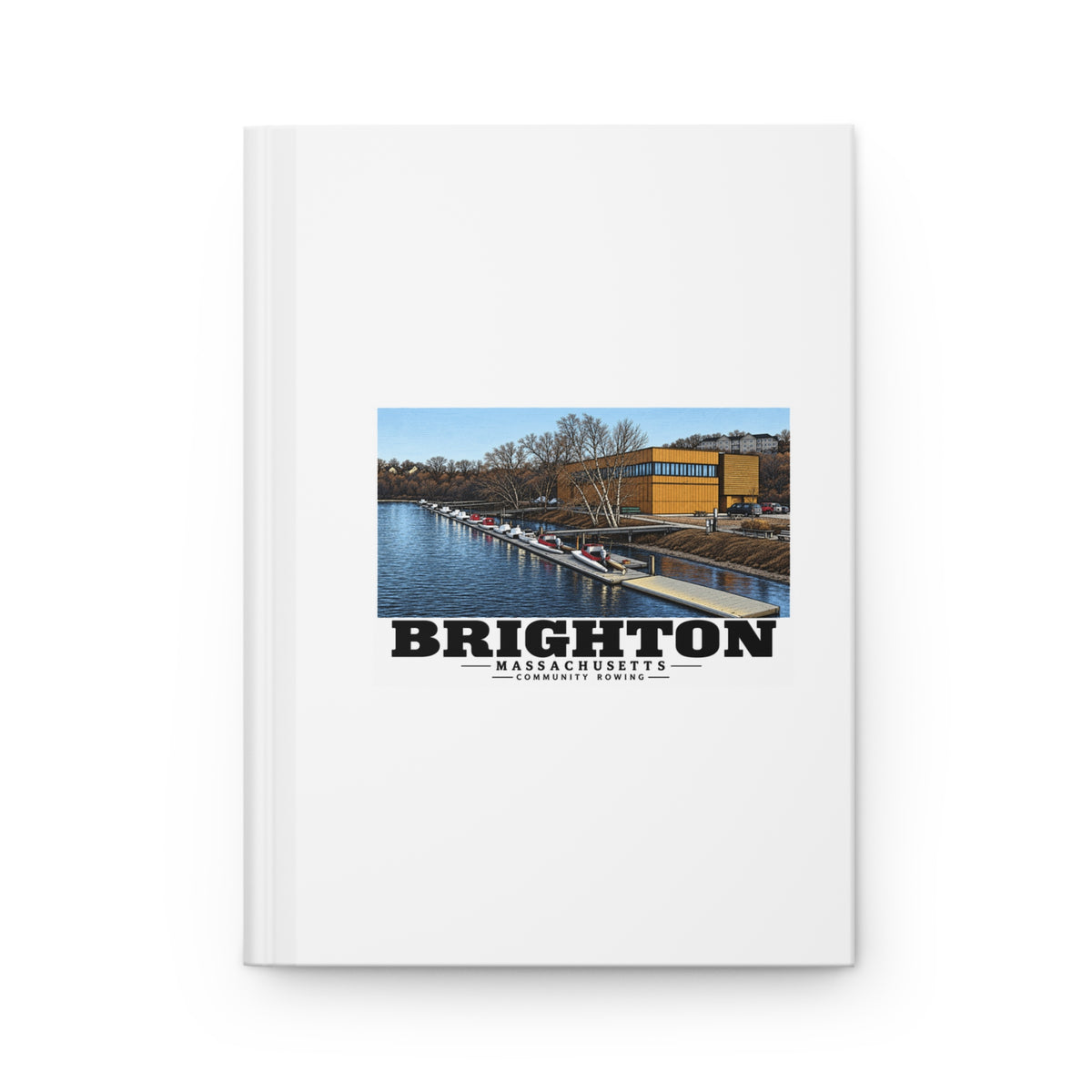 White hardcover journal with Community Rowing building, dock and boats artwork and Brighton lettering