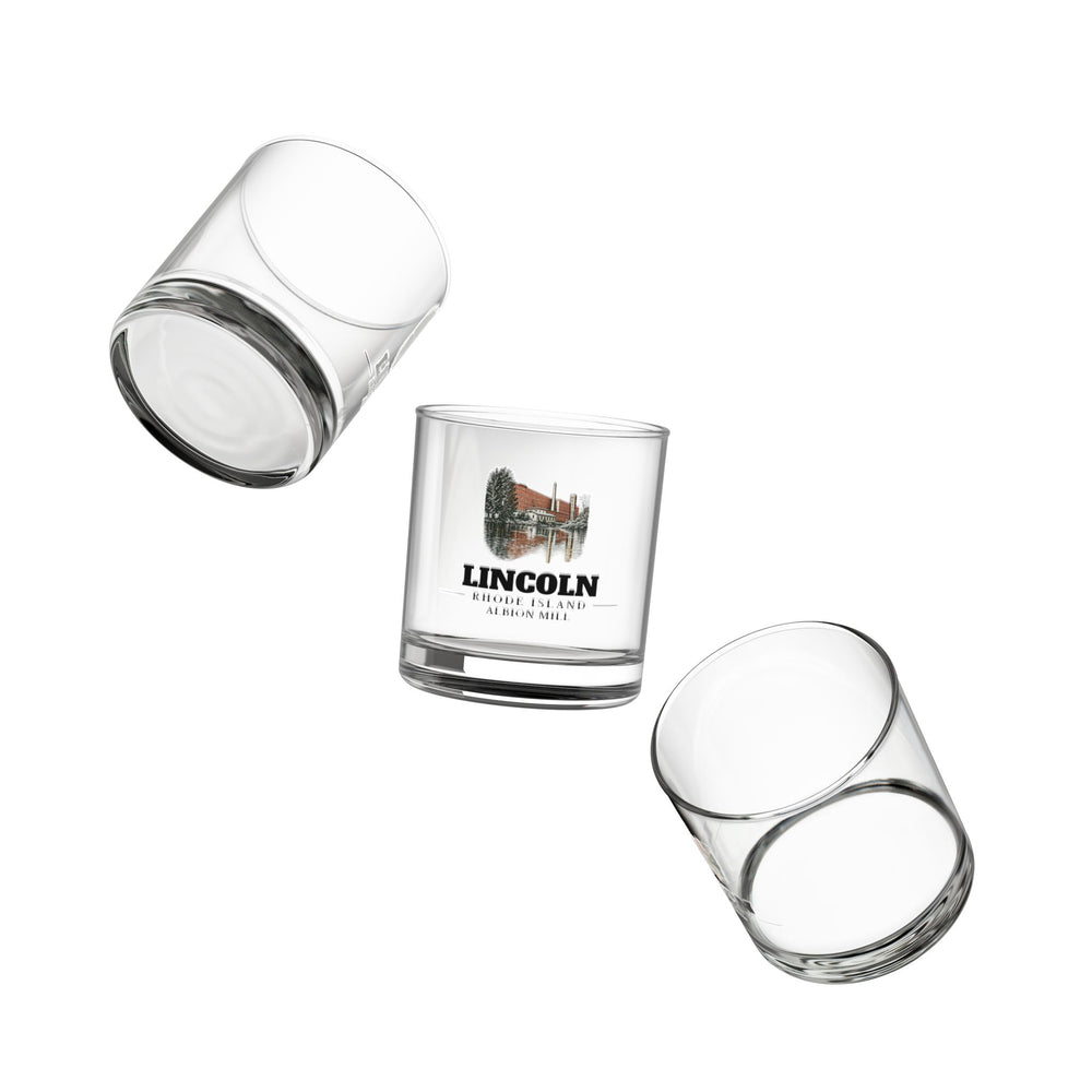 Angled view of Lincoln Albion Mill 10 oz Rocks Glass
