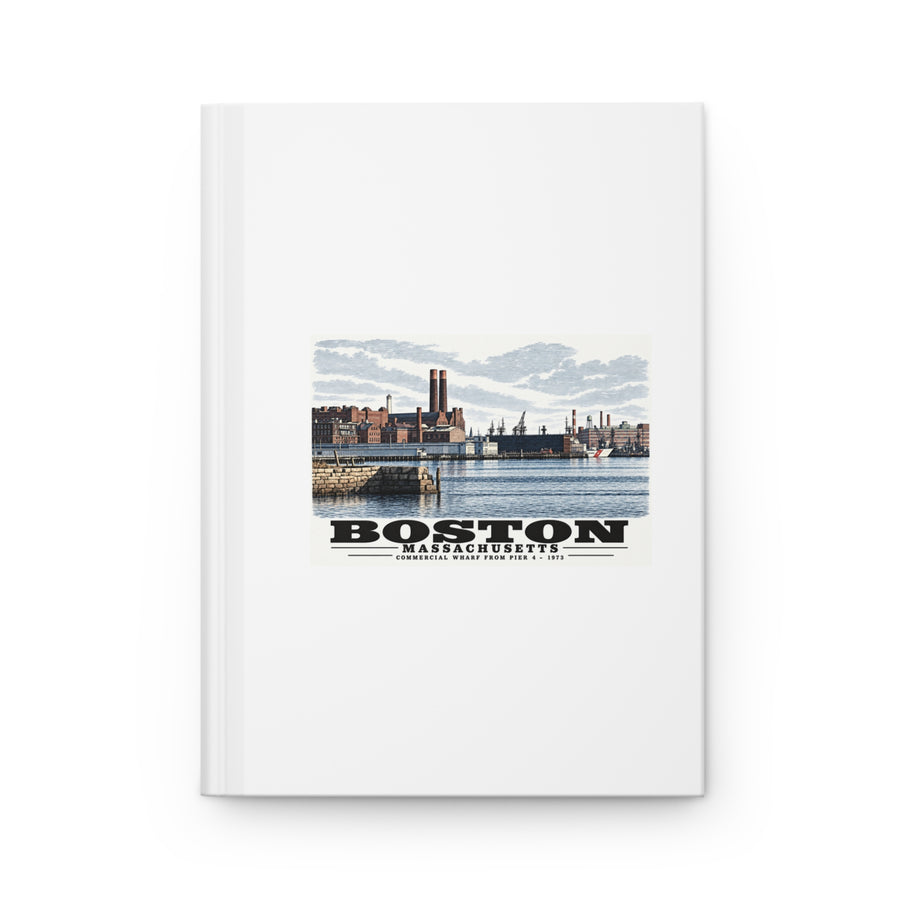 White hardcover journal with Commercial Wharf waterfront buildings, twin chimneys and harbor water artwork and Boston lettering