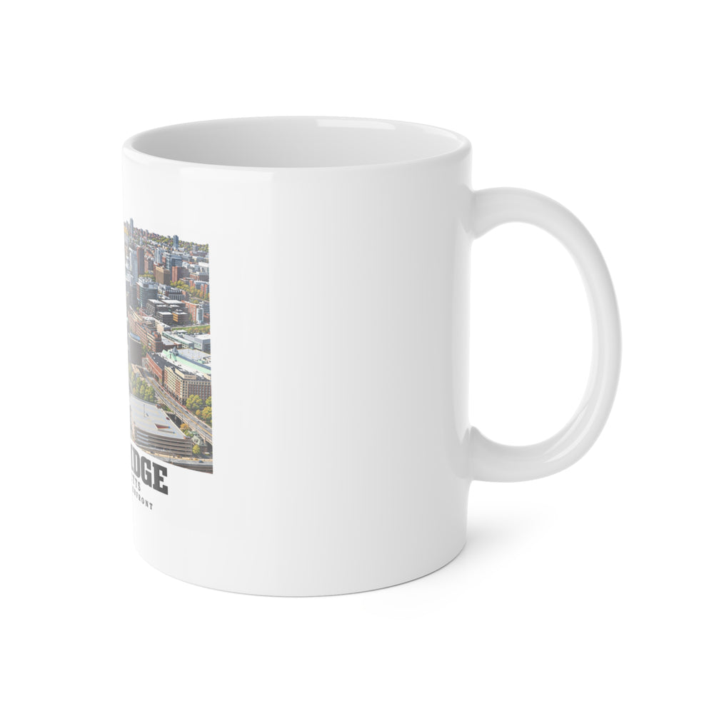 White mug with handle at right and part of the Cambridge Charles River waterfront aerial city view print at left
