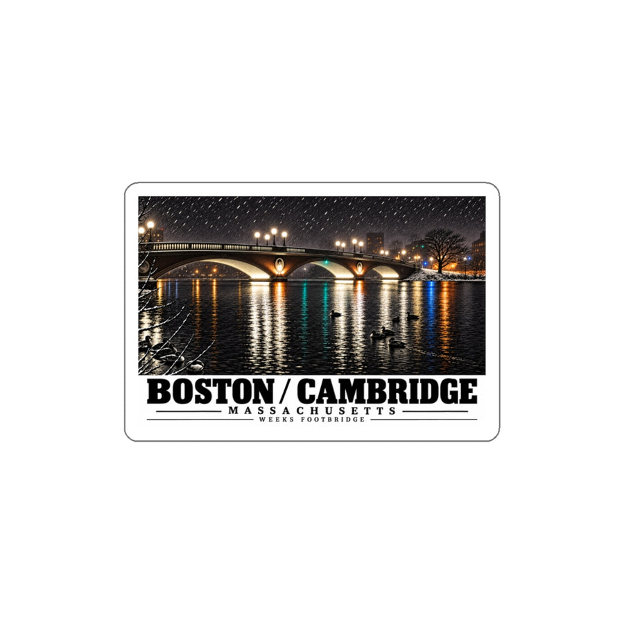 White bordered sticker showing Weeks Footbridge illuminated night view with water reflections artwork and Boston/Cambridge lettering
