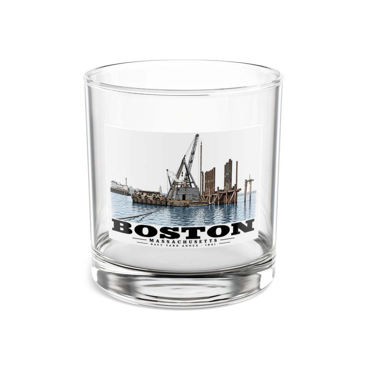 View from water of Navy Yard Annex/Dry Dock 10 oz Rocks Glass - Boston Harbor
