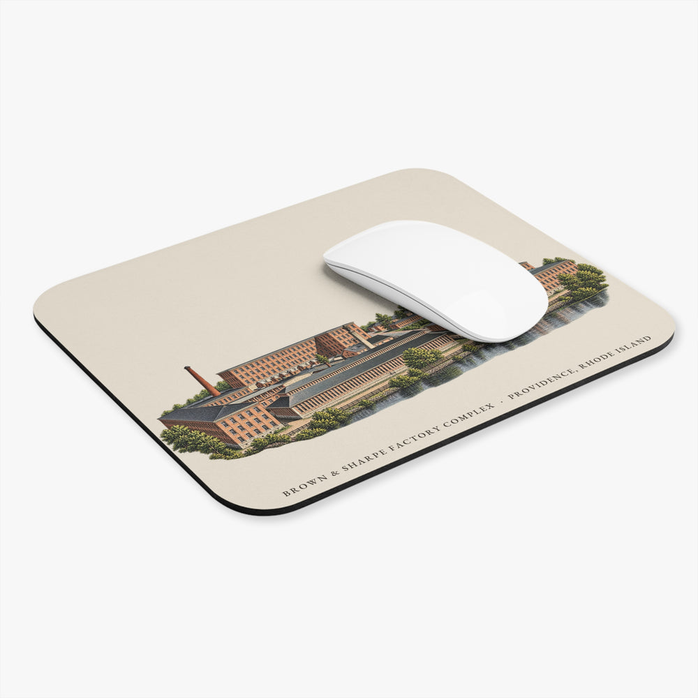 Providence Brown & Sharpe Factory Complex mouse pad mockup showing the full illustrated print