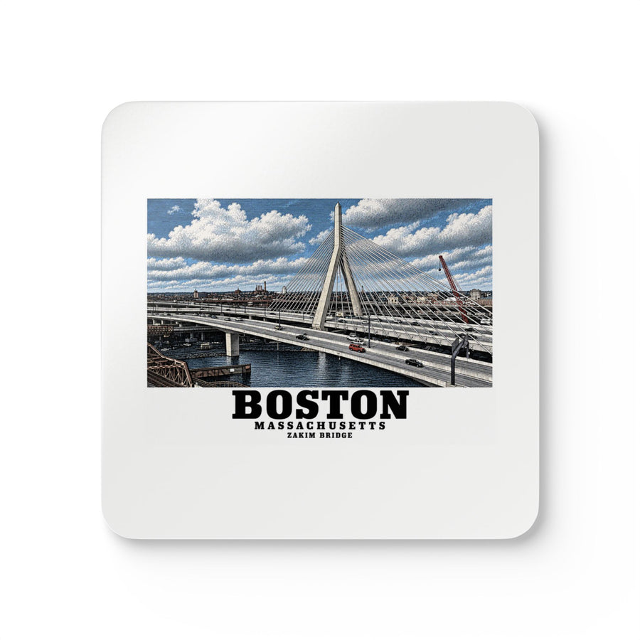 White square coaster showing Zakim Bunker Hill Bridge cable-stayed towers and Charles River artwork and Boston lettering