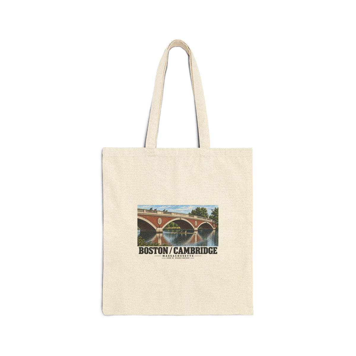 Natural fabric tote with John W. Weeks Bridge and scullers artwork and Boston/Cambridge lettering
