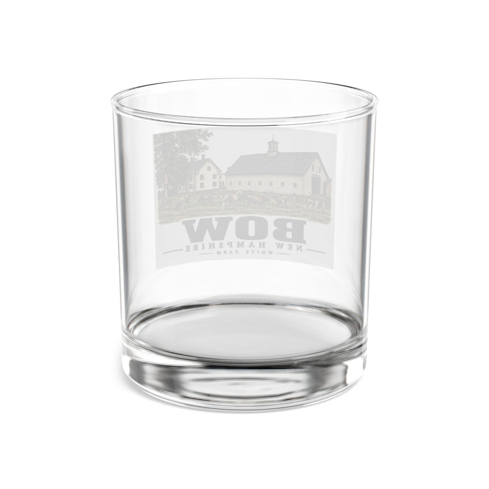 White Farm Jersey herd and barns, Bow illustration on 10 oz rocks glass — rear view through clear glass