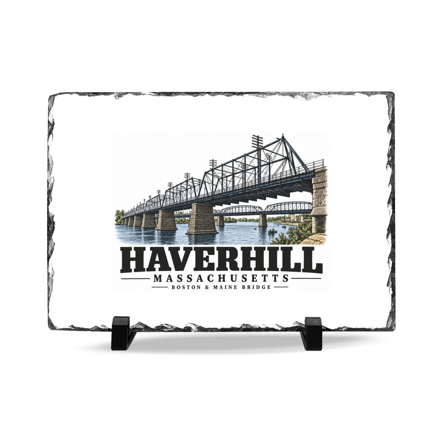 Front on display stands of Boston & Maine Bridge slate desk plaque, with Haverhill, Massachusetts artwork and lettering.