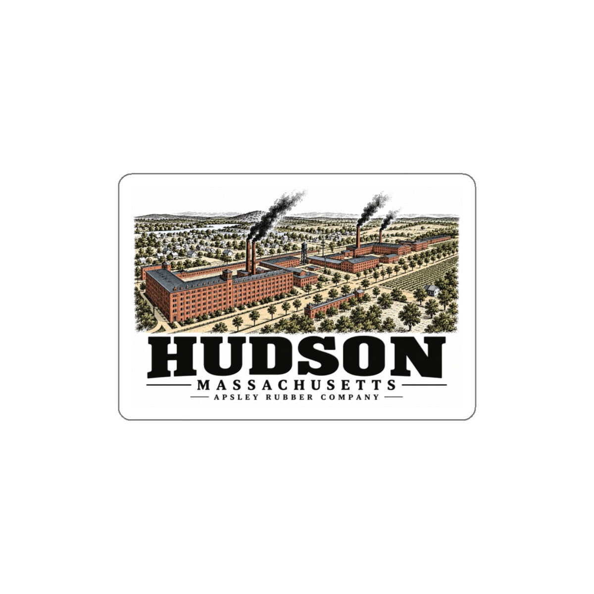 Illustrated Apsley Rubber Company in Hudson on die-cut sticker