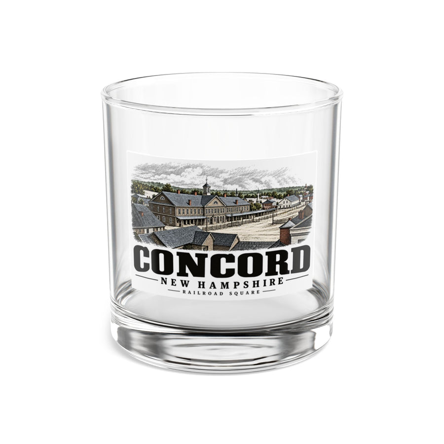 Railroad Square in 1858, showing Portsmouth Railroad station, Concord illustration on 10 oz rocks glass — front view