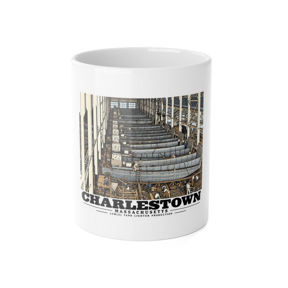 Front of white 11 oz ceramic mug with landing-craft production artwork and Charlestown lettering