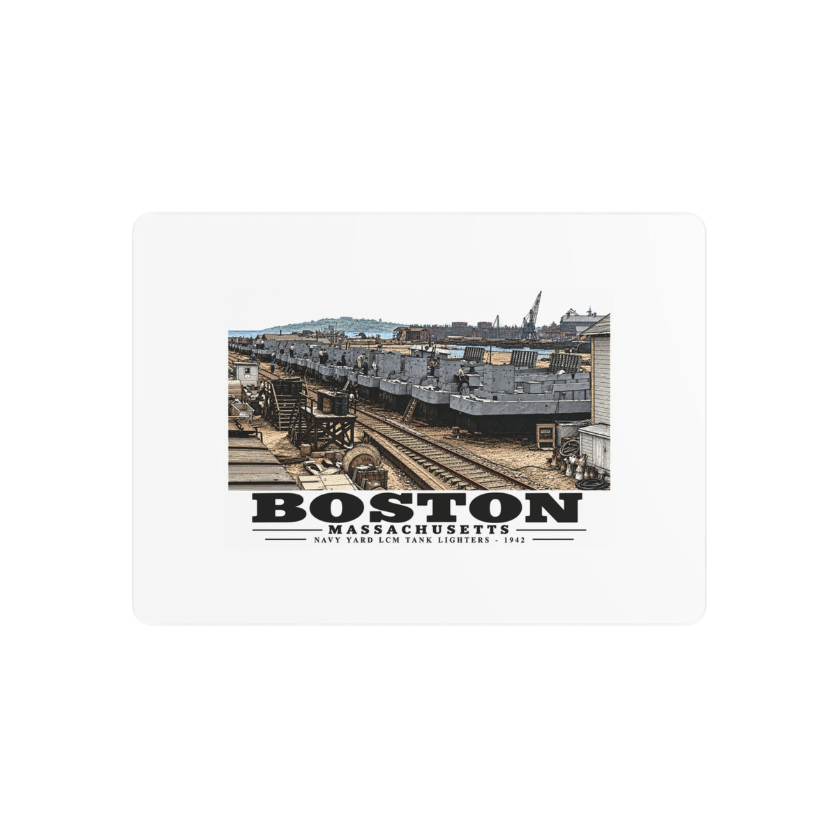 Illustrated Tank Lighters at Boston Navy Yard in Charlestown on metal art sign