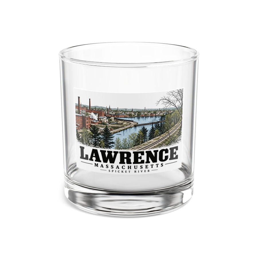 Front of Spicket River rocks glass, with Lawrence, Massachusetts artwork and lettering.