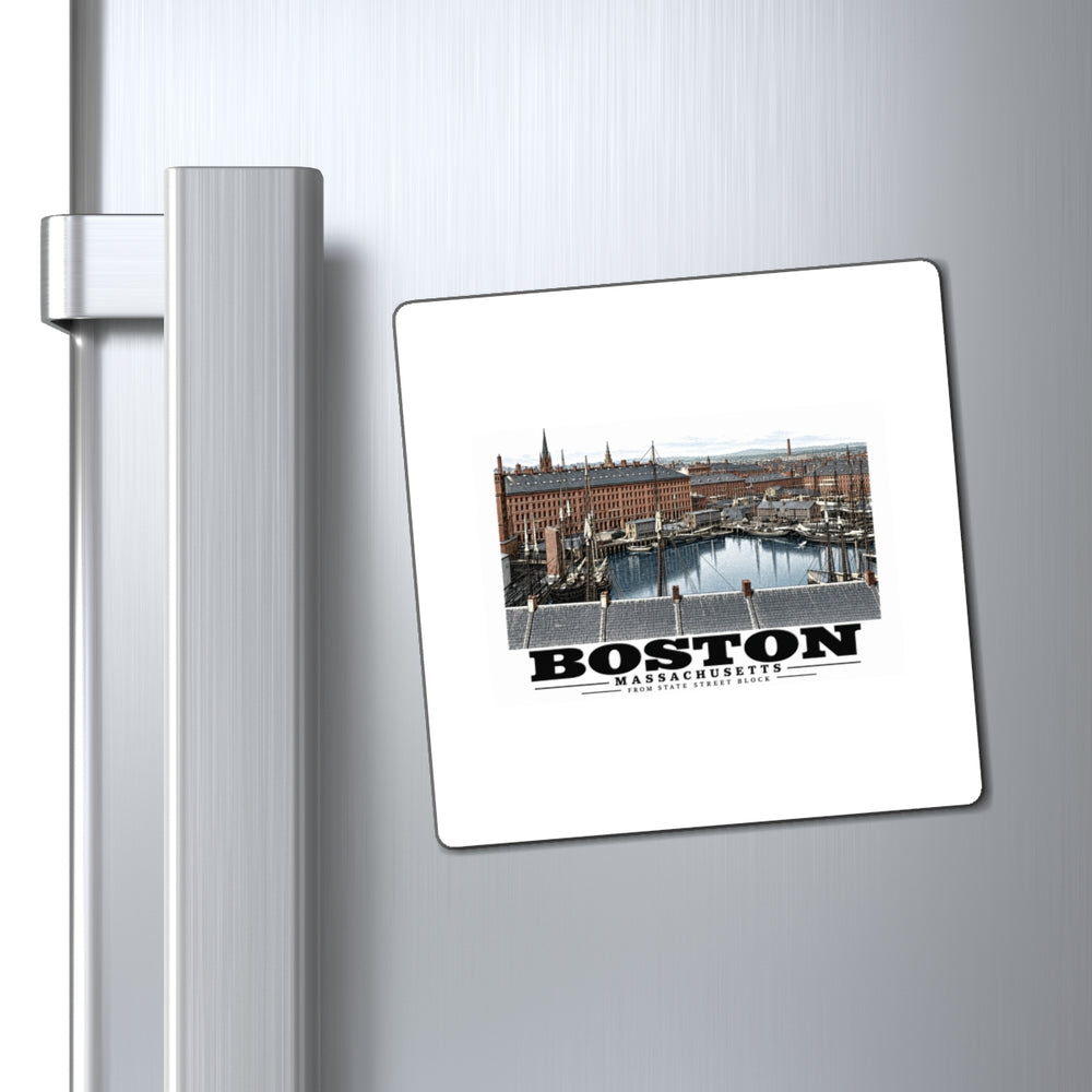 Boston waterfront buildings, wharves, boats and harbor water magnet on a refrigerator beside its handle
