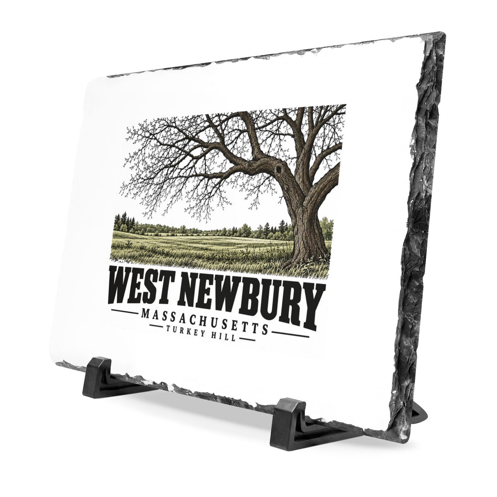 Angled front on display stands of Turkey Hill slate desk plaque, with West Newbury, Massachusetts artwork and lettering.