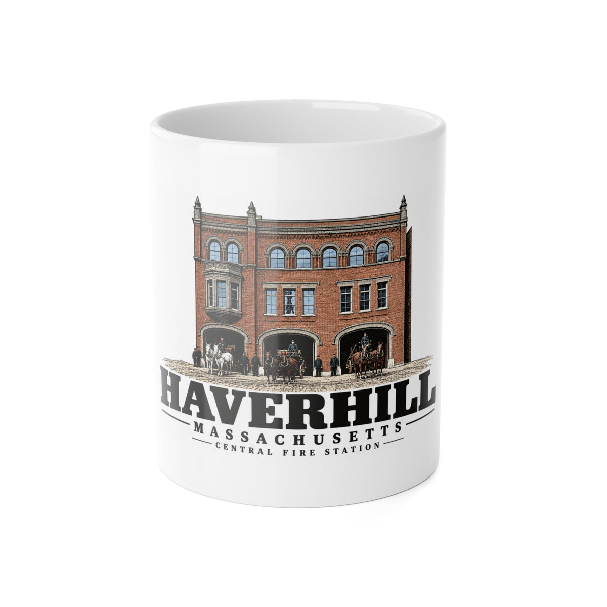 Haverhill Central Fire Station with horse-drawn apparatus 11 oz White Ceramic Mug - Merrimack Valley Goods