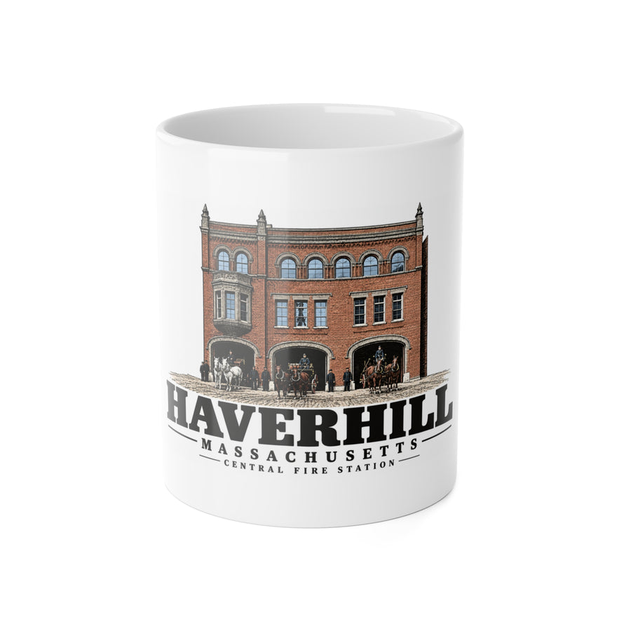 Haverhill Central Fire Station with horse-drawn apparatus 11 oz White Ceramic Mug - Merrimack Valley Goods